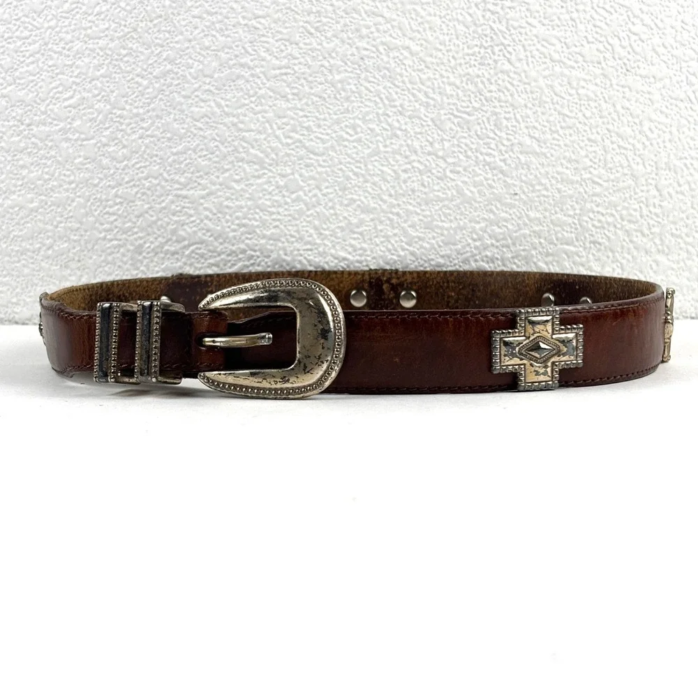 Western Leather Belt Unisex 32 Brown Good Silver Cross Conchos Buckle Boho Rodeo